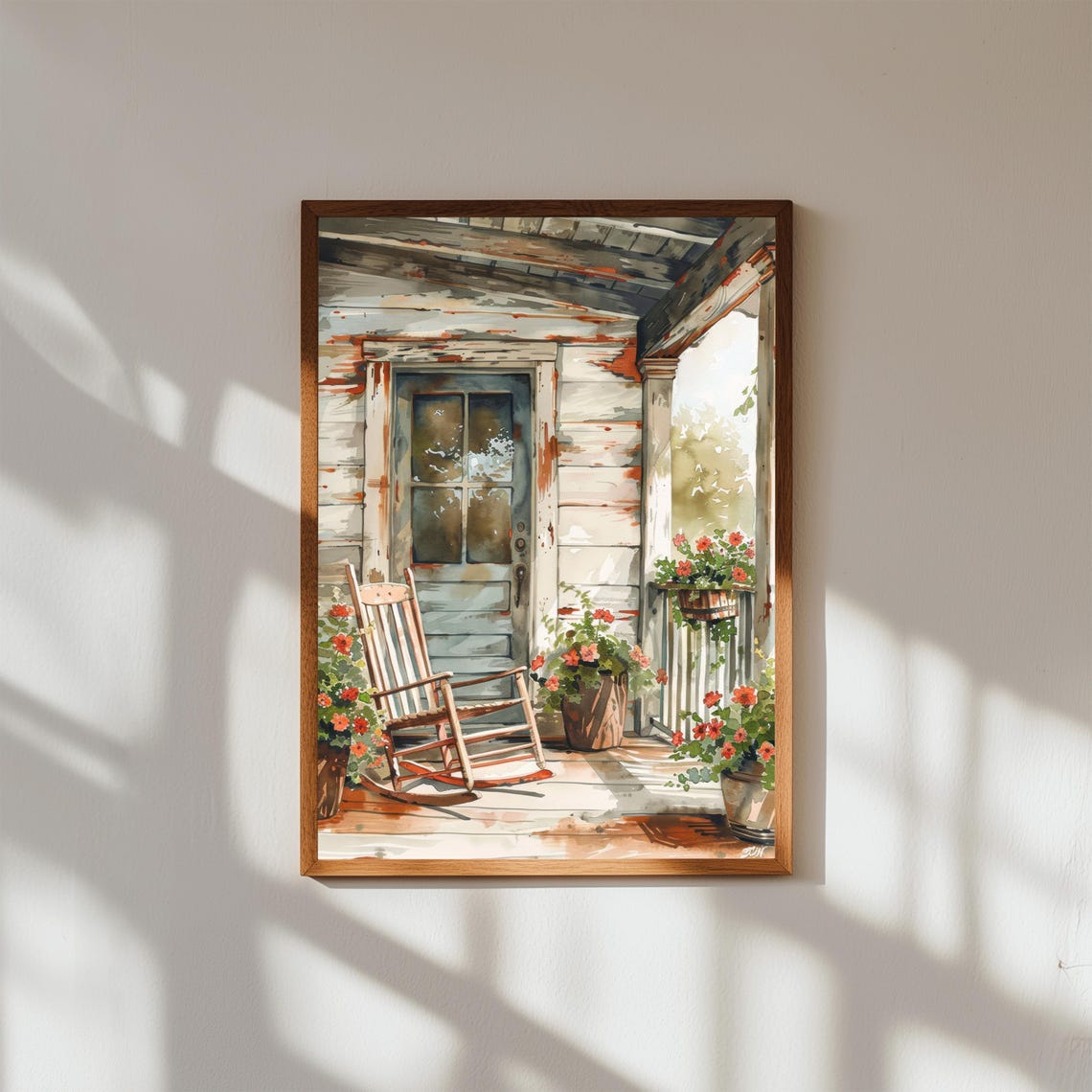 Rustic Farmhouse Porch with Rocking Chair and Red Geraniums Poster