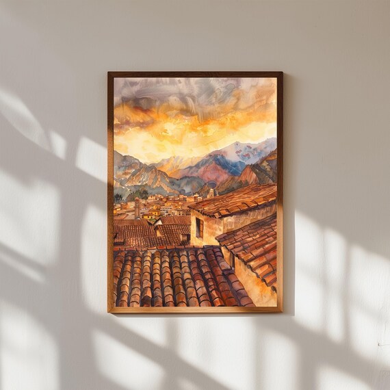 Cusco Peru Rooftop Sunset Andean Mountains Watercolor Poster