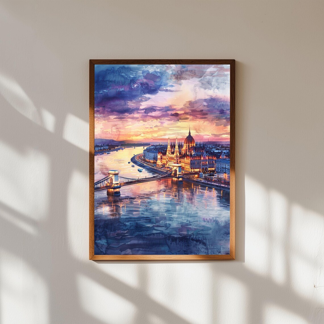 Budapest Hungary Danube Sunset Watercolor Cityscape Painting Print