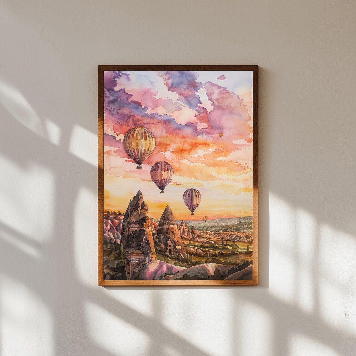Cappadocia Hot Air Balloons Watercolor Sunset Fairy Chimney Poster
