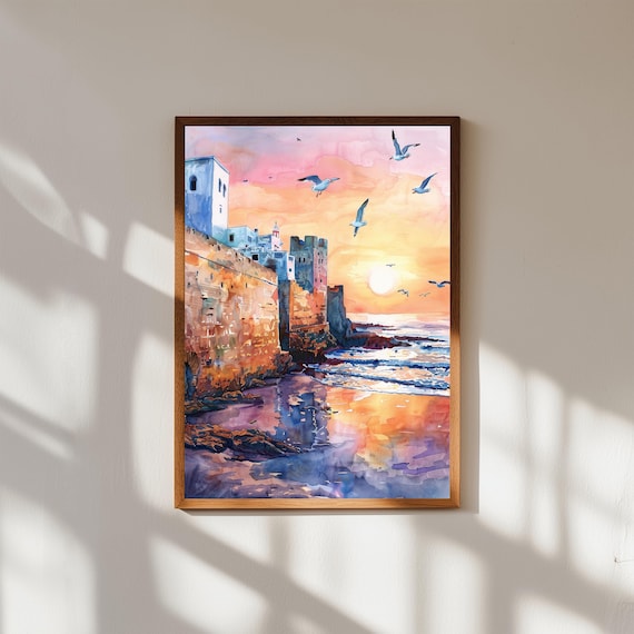 Essaouira Morocco Fortress Walls Sunset Seagulls Watercolor Art Print