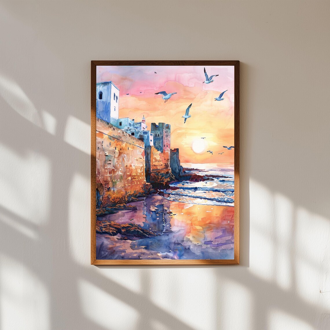 Essaouira Morocco Fortress Walls Sunset Seagulls Watercolor Art Print