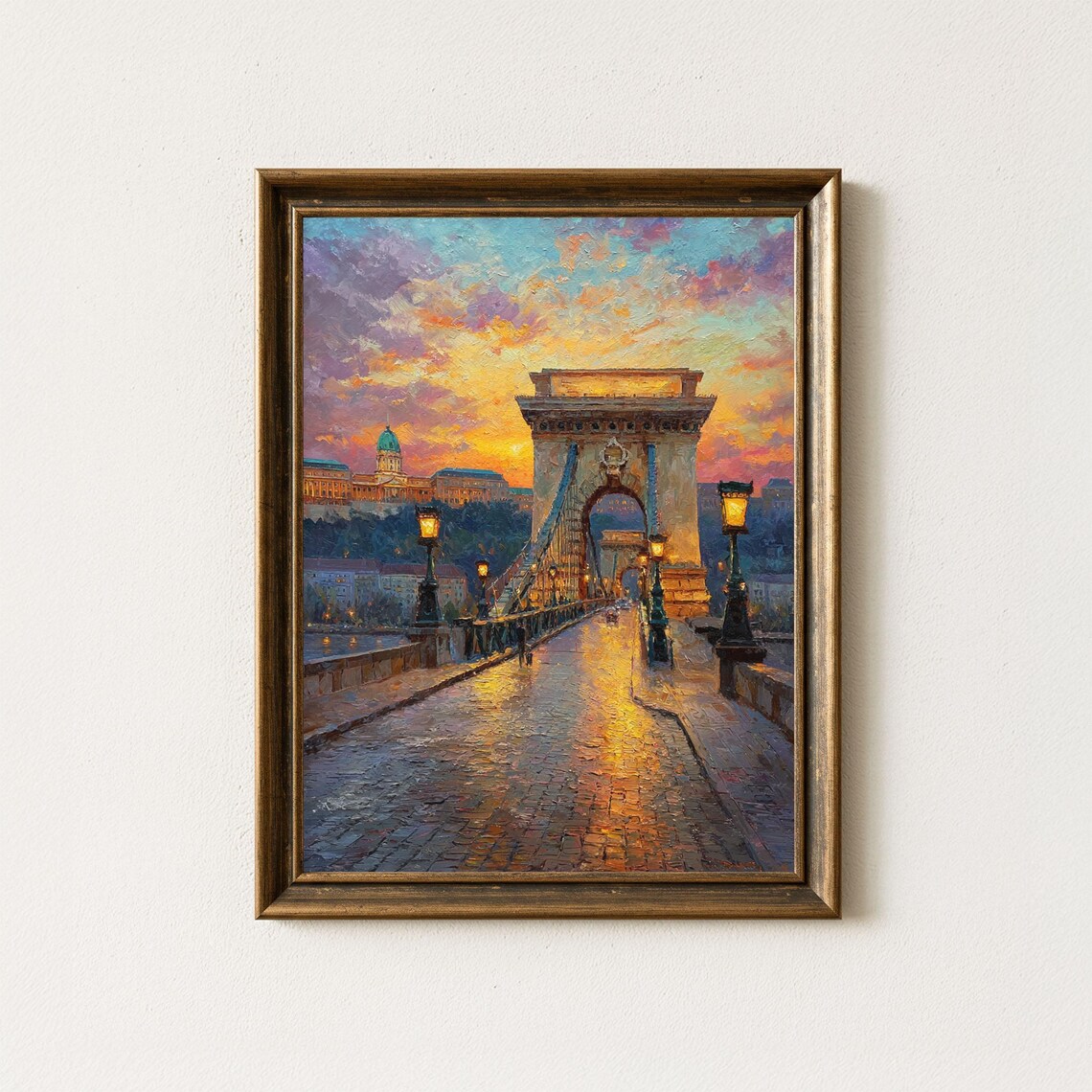 Budapest Chain Bridge Golden Hour Oil Painting Landmark Poster