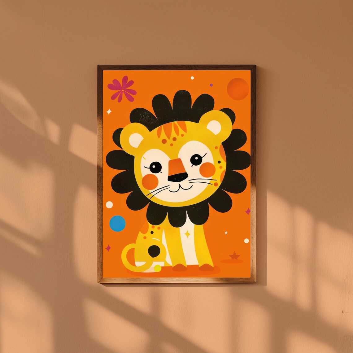 Cute Cartoon Baby Lion on Orange Nursery Safari Animal Poster
