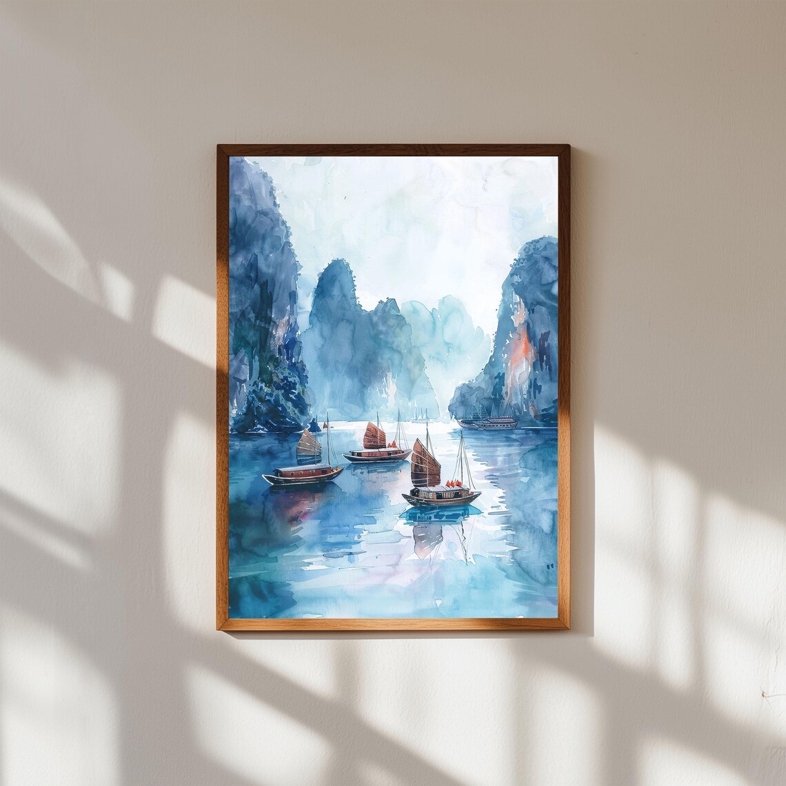 Ha Long Bay Watercolor Vietnam Junk Boats Limestone Karsts Wall Art