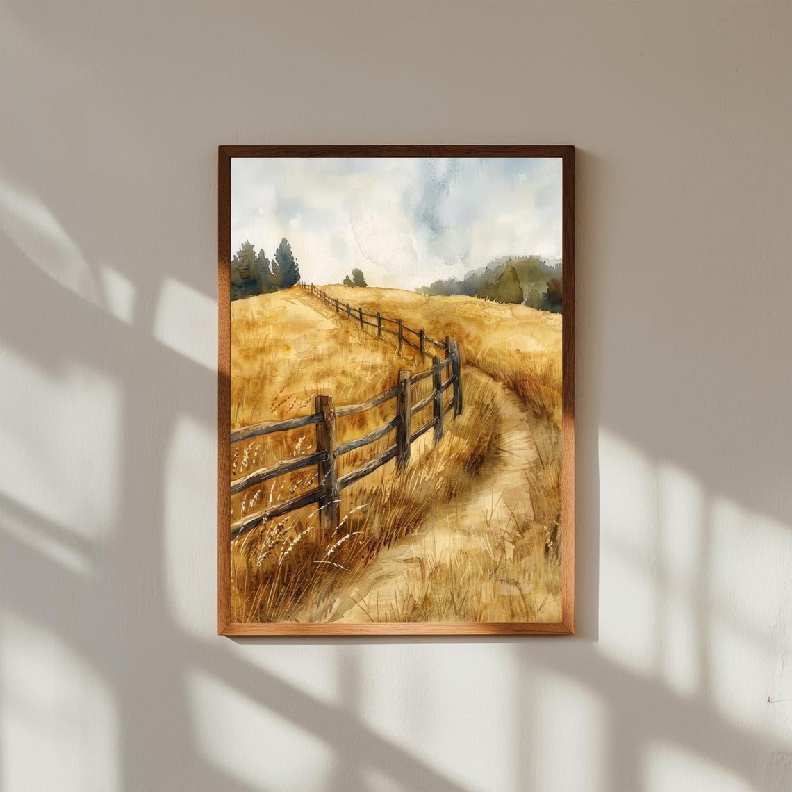 Winding Wooden Fence Path Through Golden Wheat Field Hillside Poster