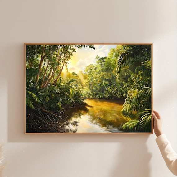 Tropical Rainforest River Sunrise Sunlit Jungle Landscape Poster