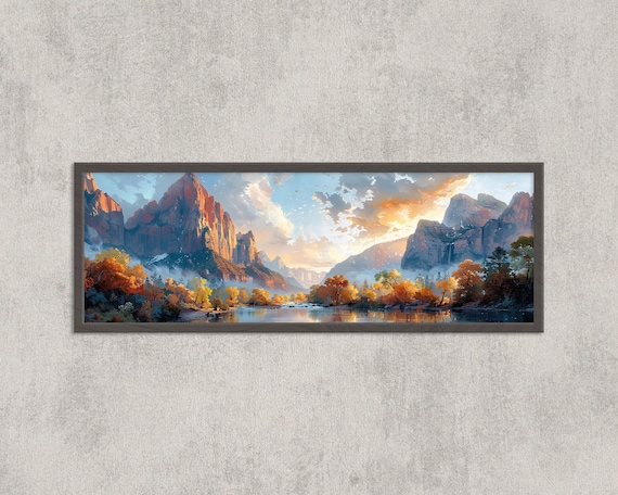 Zion National Park Canyon River Autumn Watercolor Panoramic Print