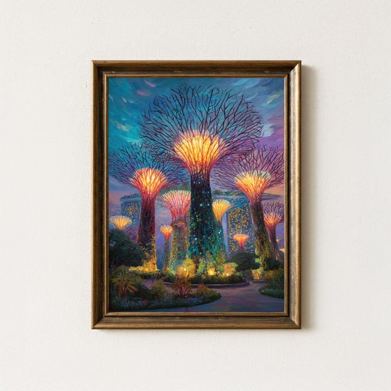Singapore Supertree Grove Art Print Futuristic Cityscape Oil Painting