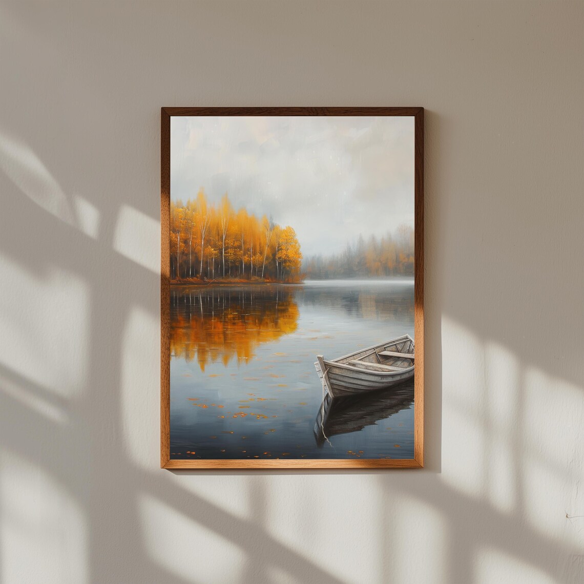 Autumn Lake Reflections Golden Trees Empty Rowboat Tranquil Oil Painting Poster