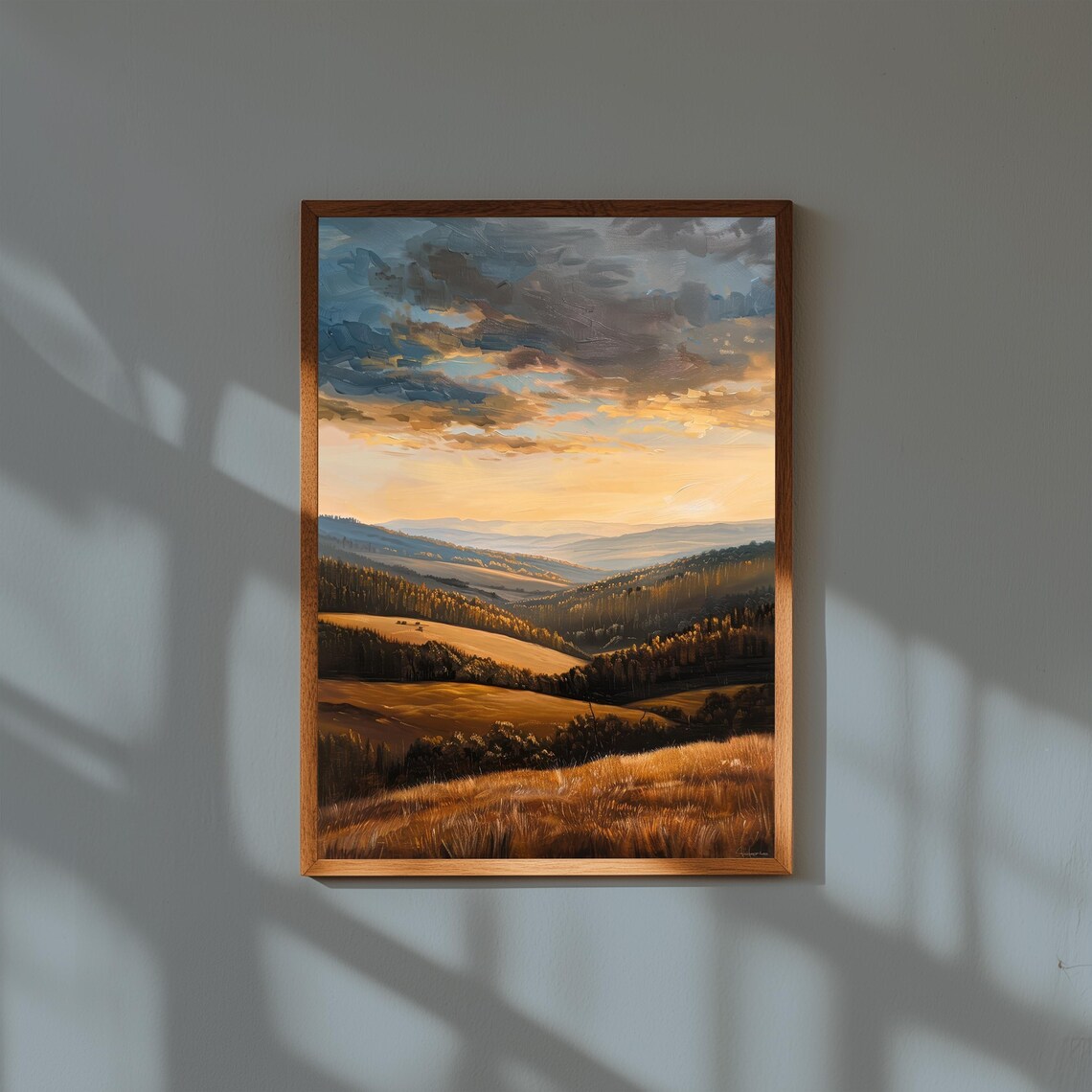 Golden Valley Rolling Hills at Sunset Oil Painting Nature Poster