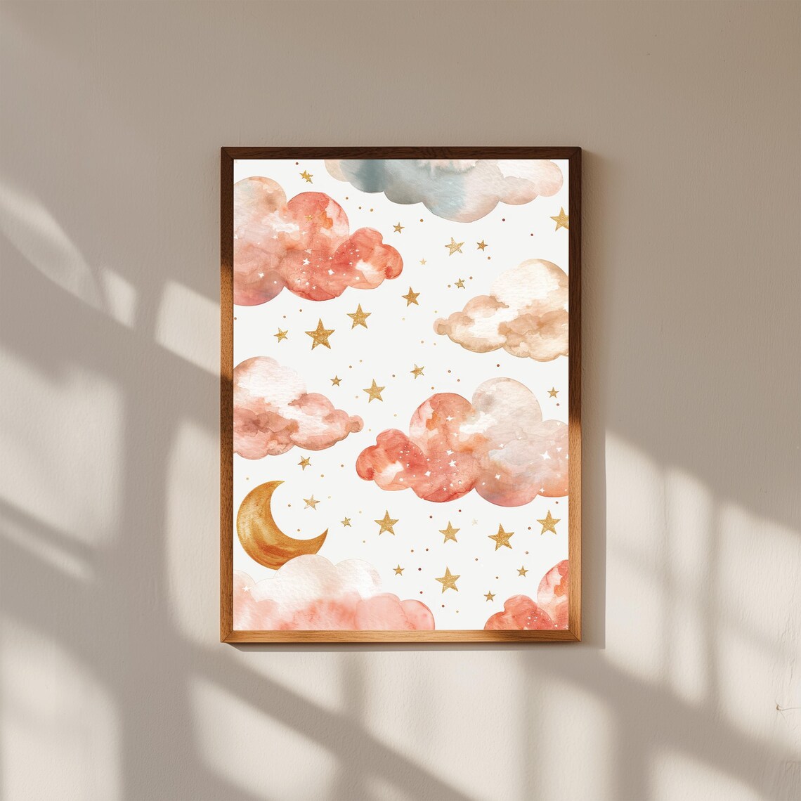 Pastel Watercolor Clouds Gold Stars Crescent Moon Nursery Art Print