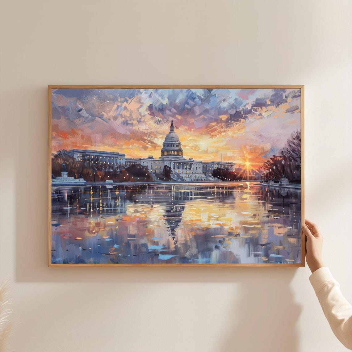 US Capitol Sunrise Reflecting Pool Golden Morning Oil Poster
