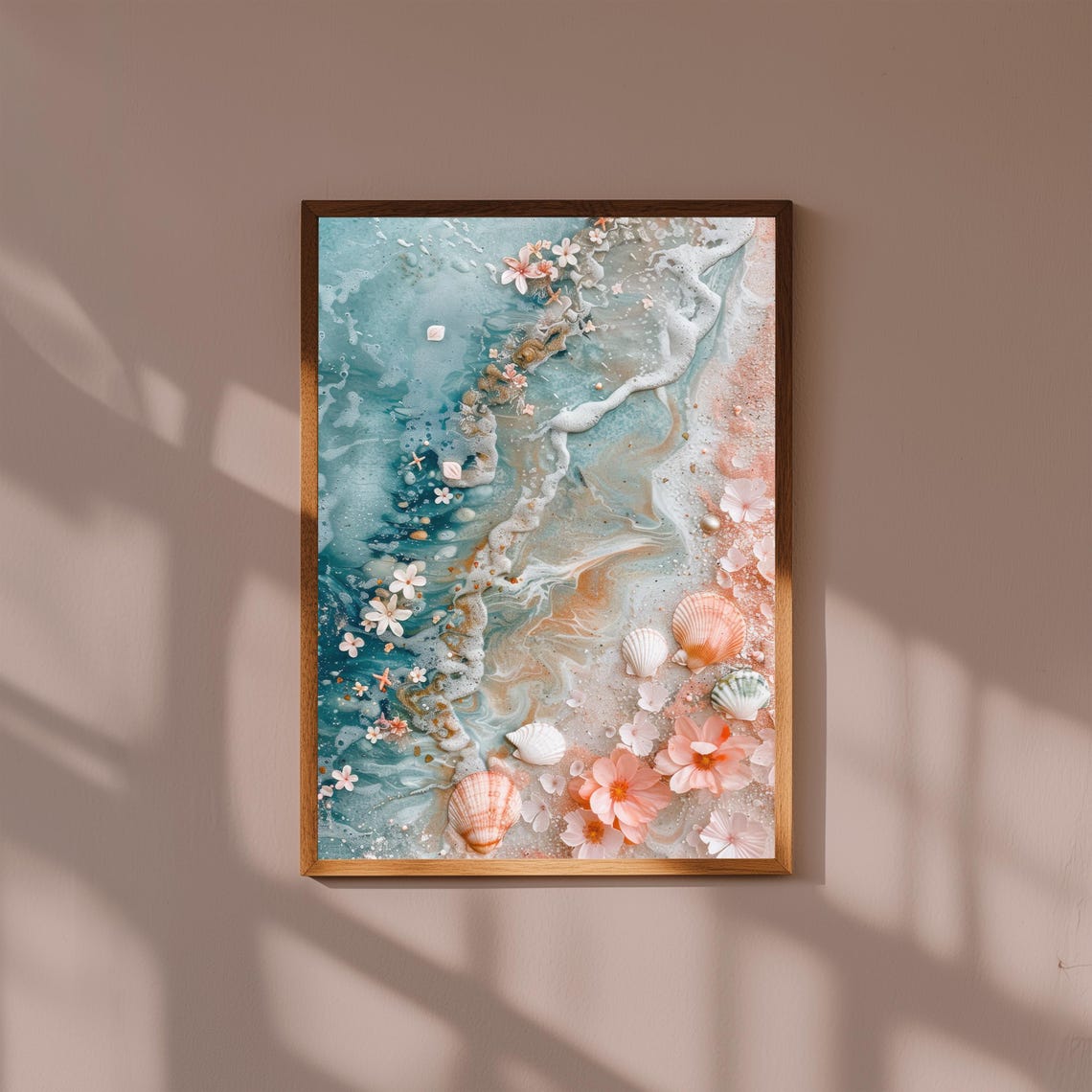 Coastal Tidal Pool Watercolor Pink Shells Ocean Waves Art Poster