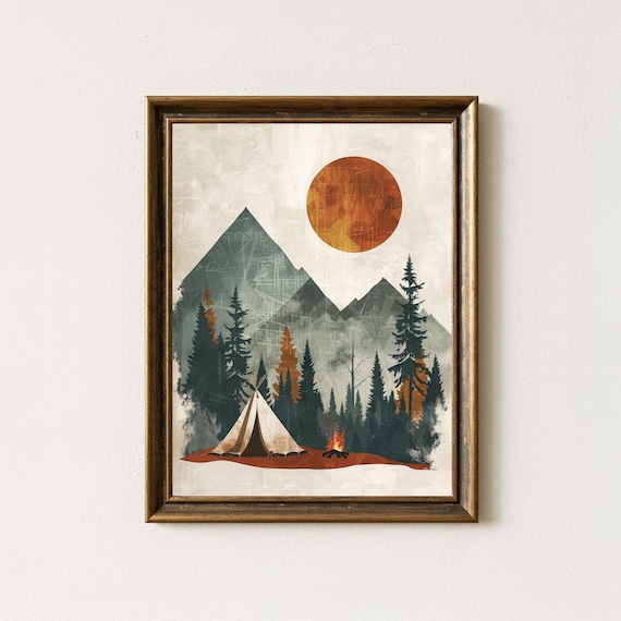 Retro Camping Tent Campfire Pine Forest Vintage Adventure Print
