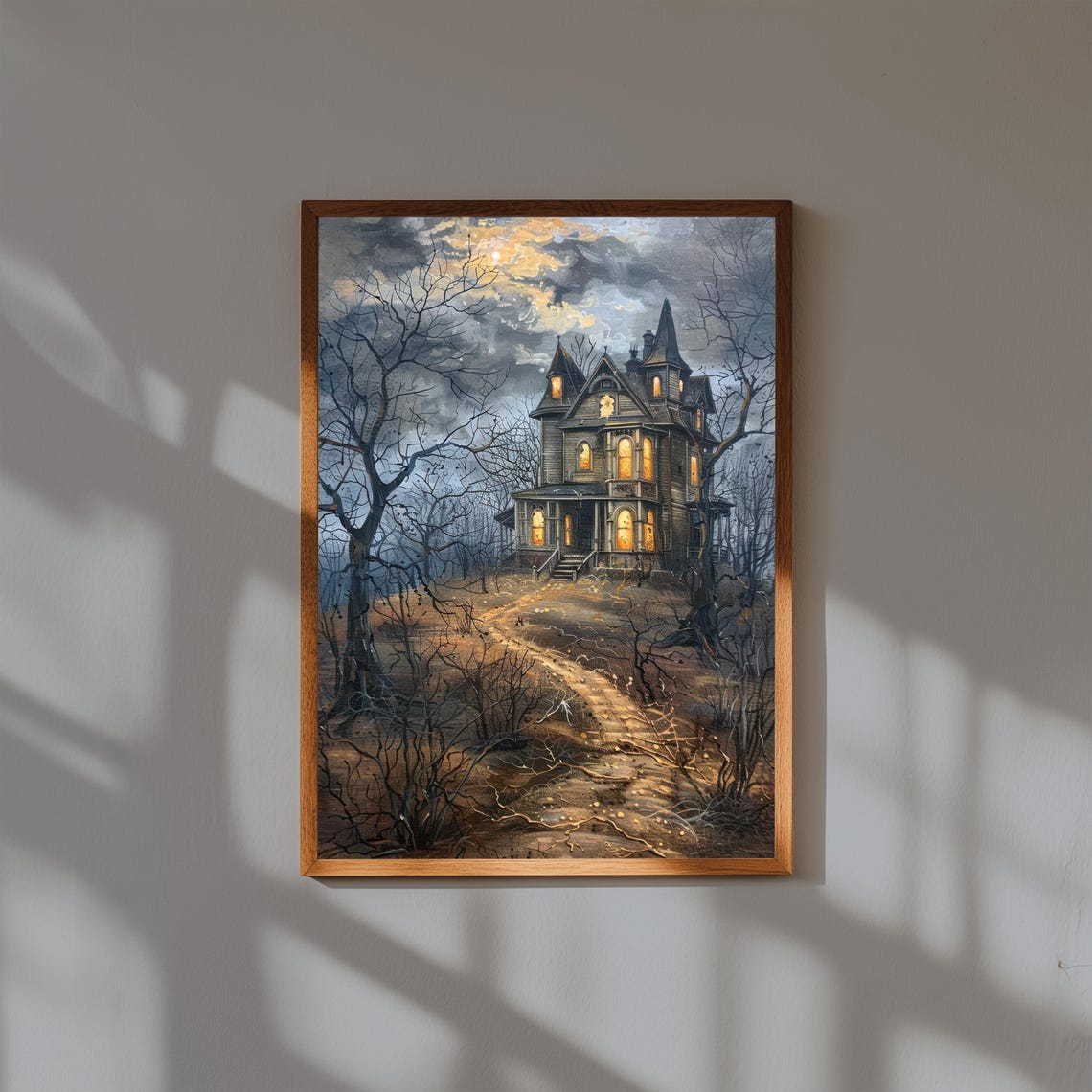 Victorian Mansion On Hill Haunted House Glowing Windows Dark Gothic Art Poster