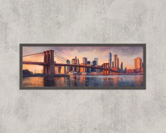 Panoramic Brooklyn Bridge Wall Art New York City Watercolor Skyline Print Manhattan Sunset Decor
