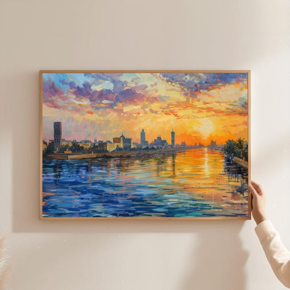 Baghdad Skyline Art Print Tigris River Sunset Middle Eastern Cityscape
