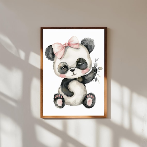 Cute Baby Panda With Pink Bow Watercolor Poster Nursery Wall Decor