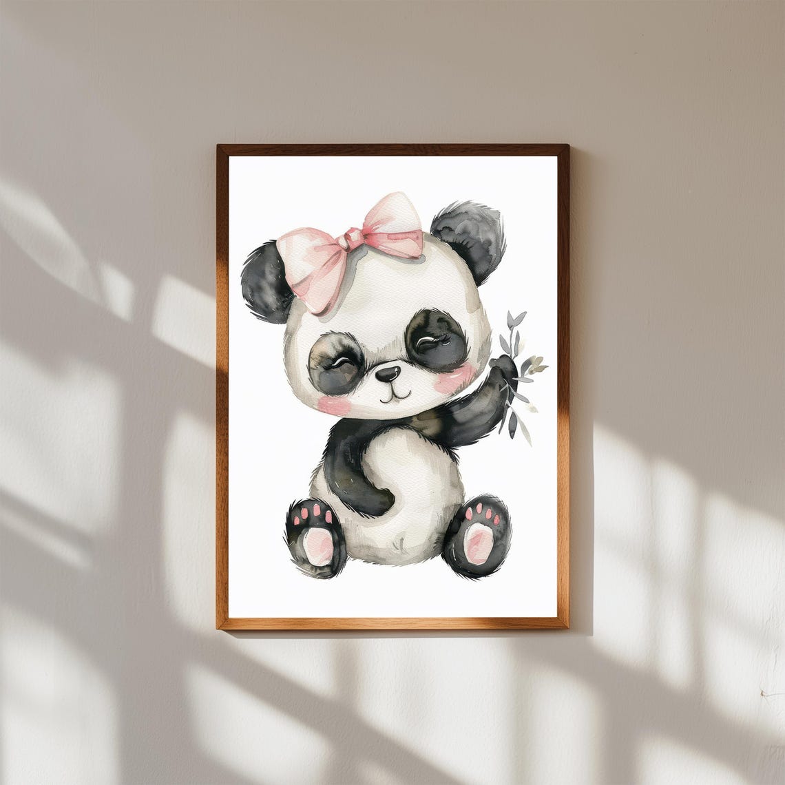 Cute Baby Panda With Pink Bow Watercolor Poster Nursery Wall Decor