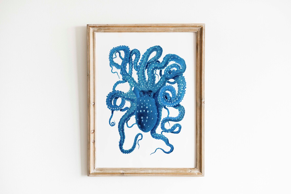 Blue Kraken Octopus Print Octopus Tentacles Art Blue Nautical Decor Coastal Wall Art - Image 2