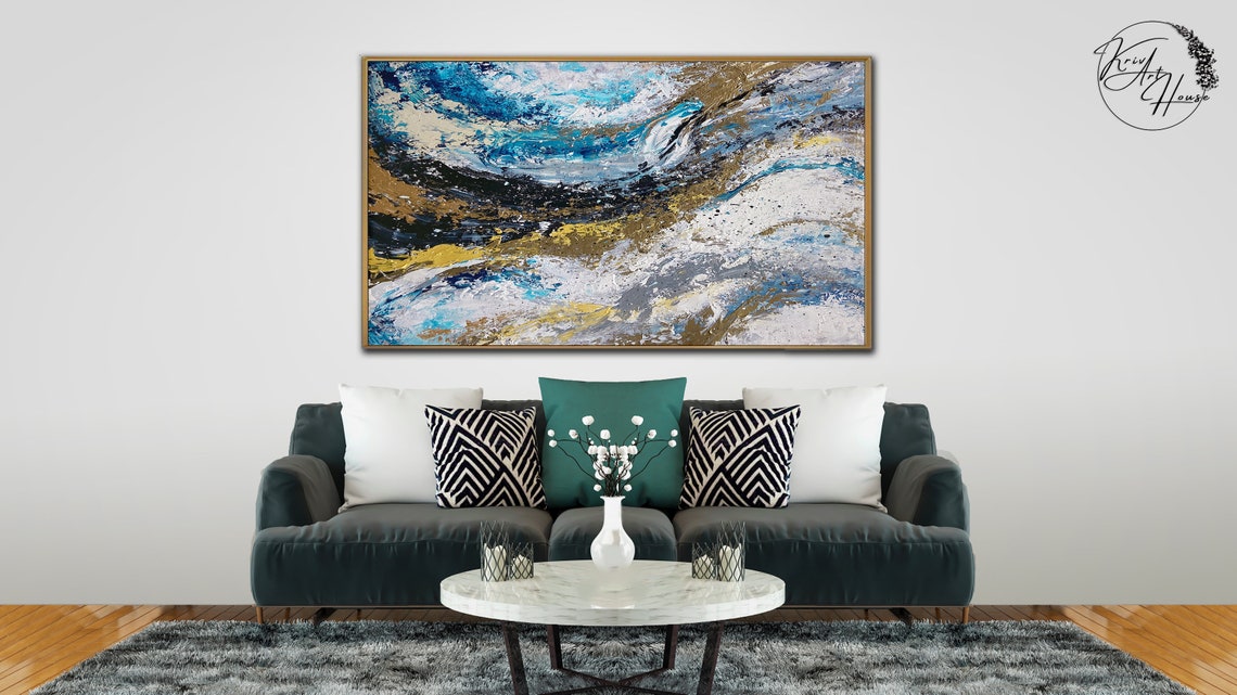 Blue Gold White Swirling Ocean Storm Abstract Vertical Art Poster - Image 4