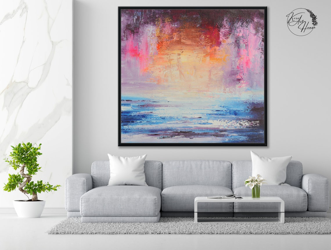 Fiery Pink Sunset Over Blue Sea Abstract Seascape Modern Poster - Image 3