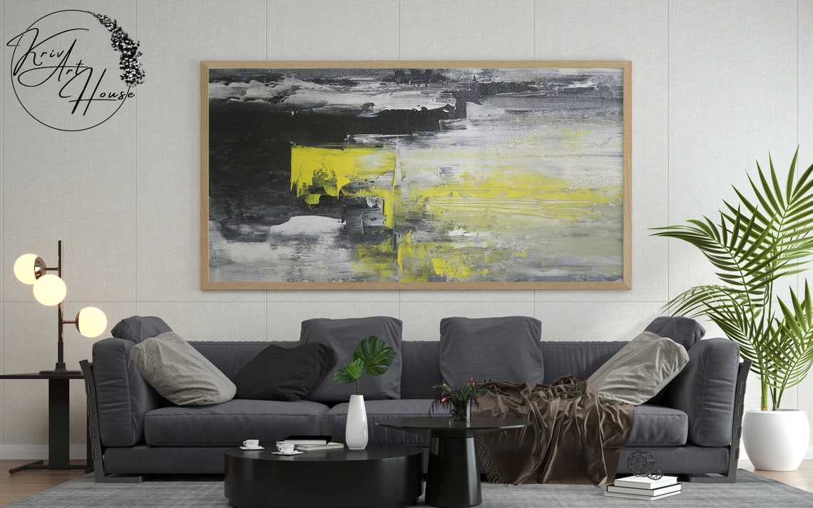 Black White Yellow Streaks Urban Abstract Painting Modern Wall Poster - Image 3