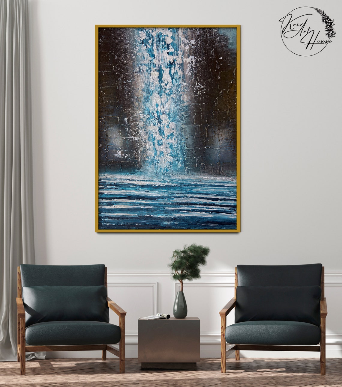 Tall Turquoise Waterfall Blue Sea Dark Rocks Textured Art Poster - Image 2
