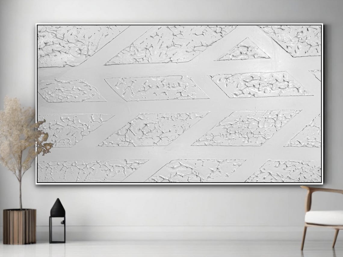 White Geometric Diamond Texture Minimalist Modern Relief Wall Art - Image 3