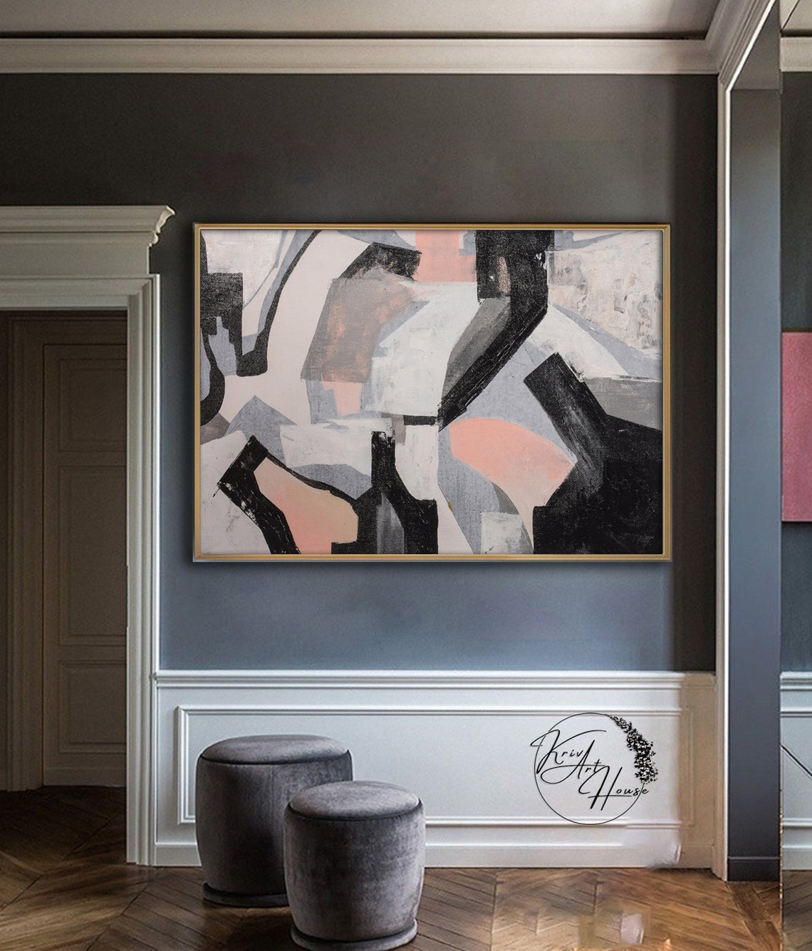 Geometric Black Gray Blush Pink Angular Shapes Abstract Wall Art - Image 2