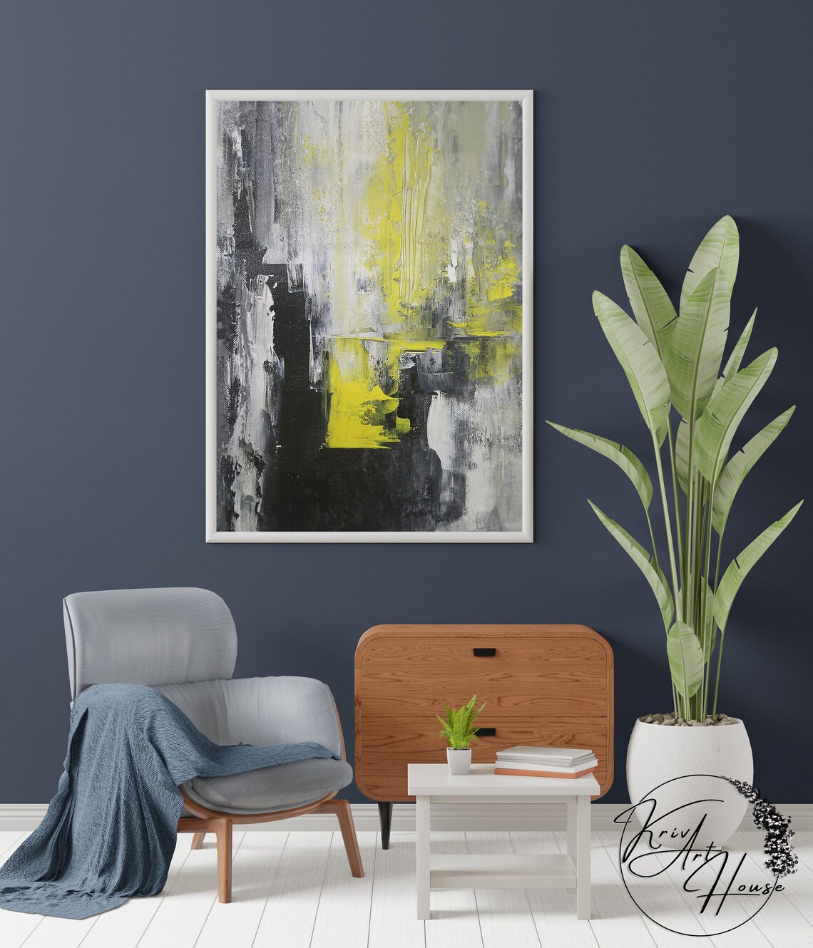 Black White Yellow Streaks Urban Abstract Painting Modern Wall Poster - Image 2