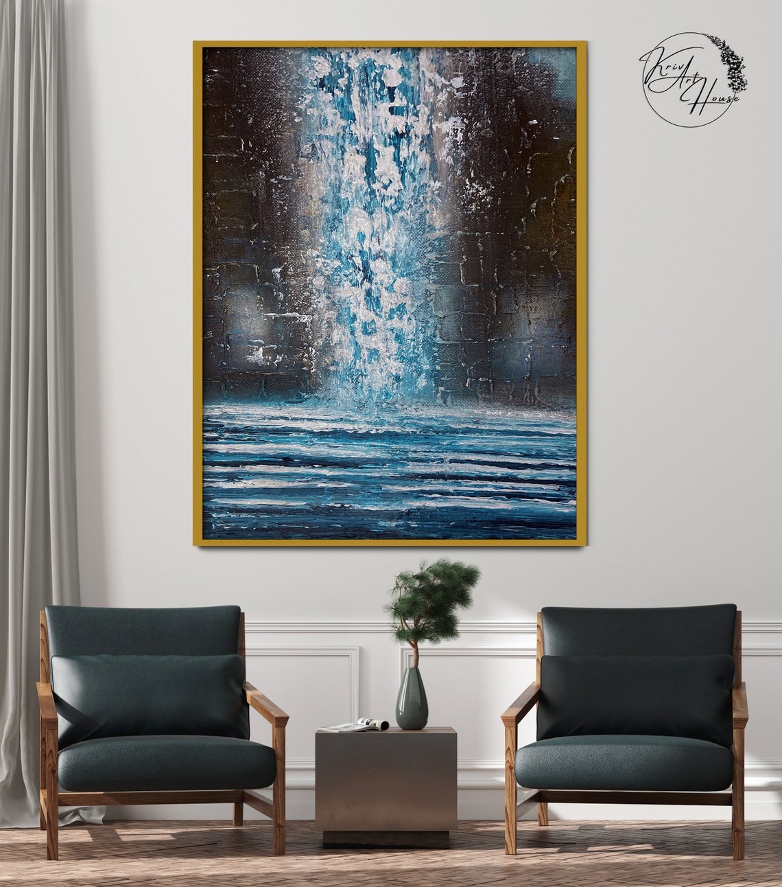 Tall Turquoise Waterfall Blue Sea Dark Rocks Textured Art Poster - Image 4