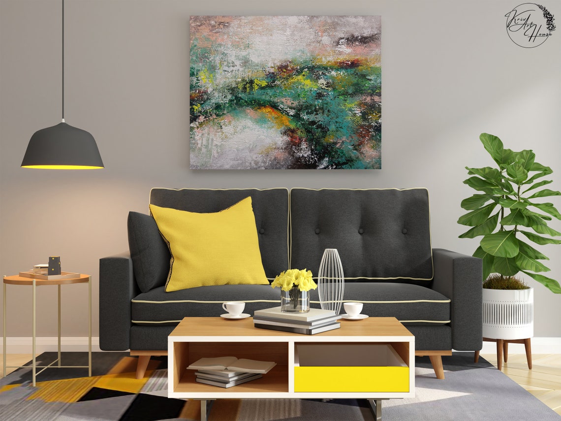 Green White Pink Garden Colorful Abstract Horizontal Art Poster - Image 3