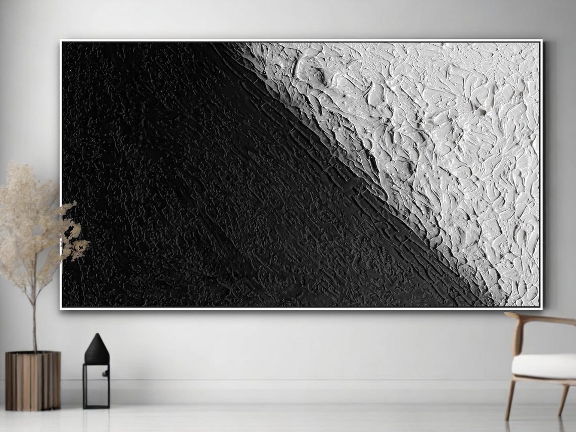 Bold Graphic Black White Diagonal Split Textured Abstract Poster - Image 2