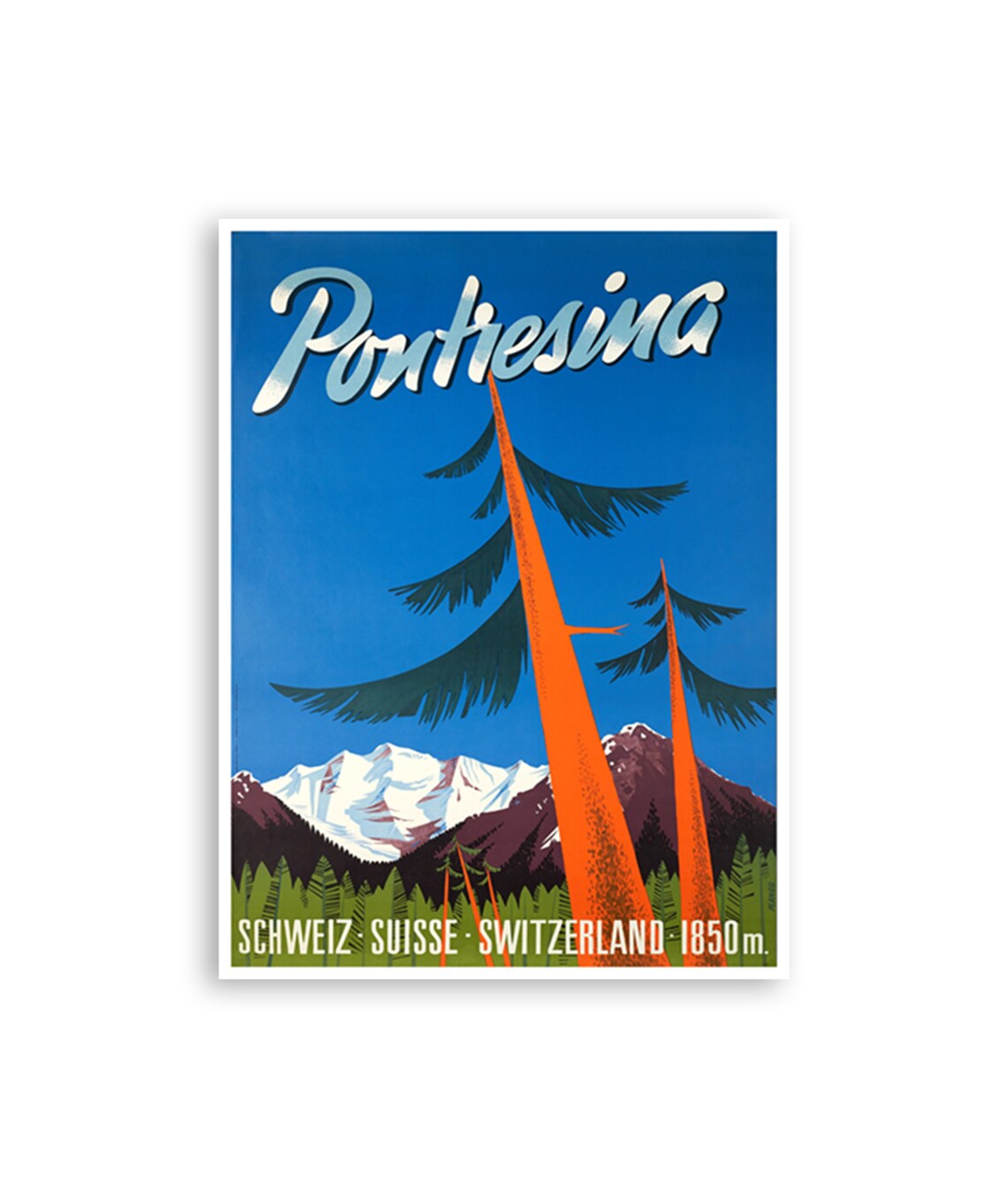 Pontresina Switzerland 1850m Vintage Alpine Pine Peaks Travel Poster