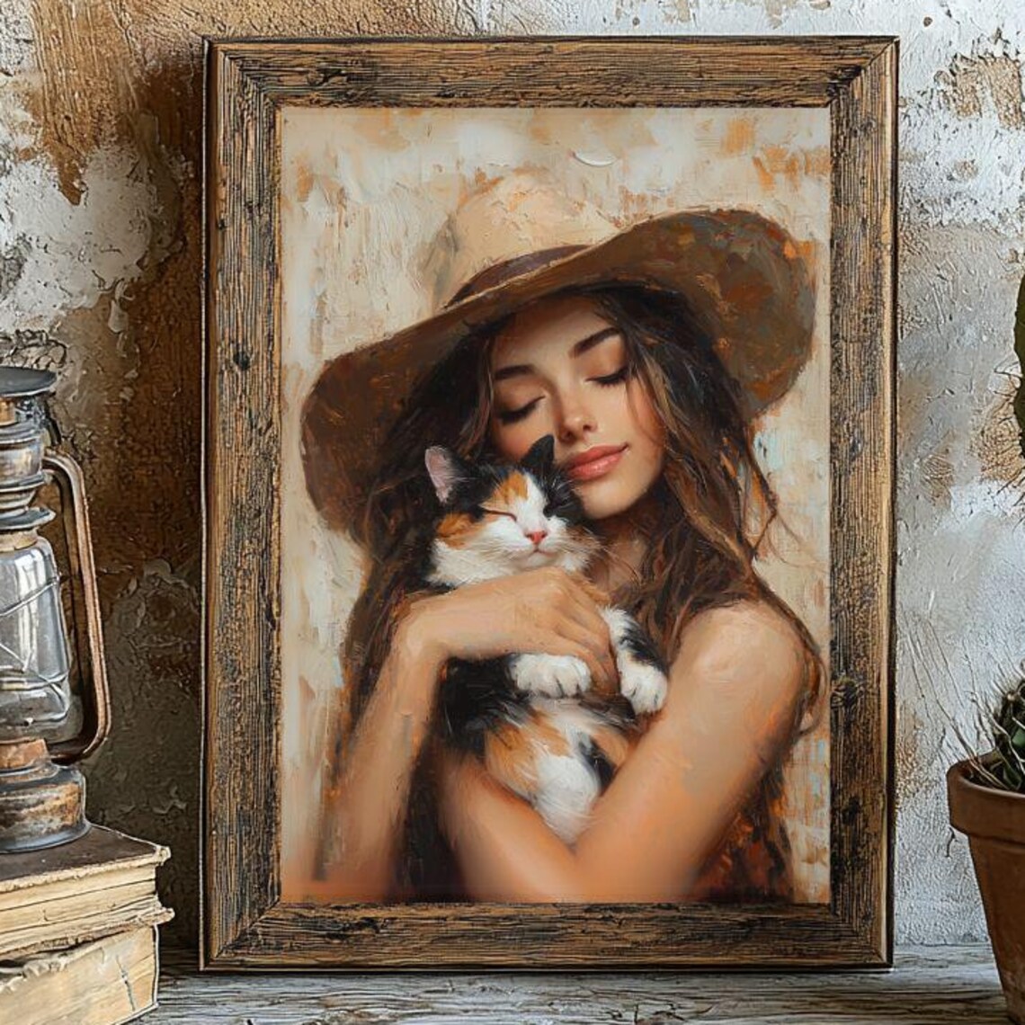 Cowgirl Holding Calico Cat Western Rustic Farmhouse Art Poster