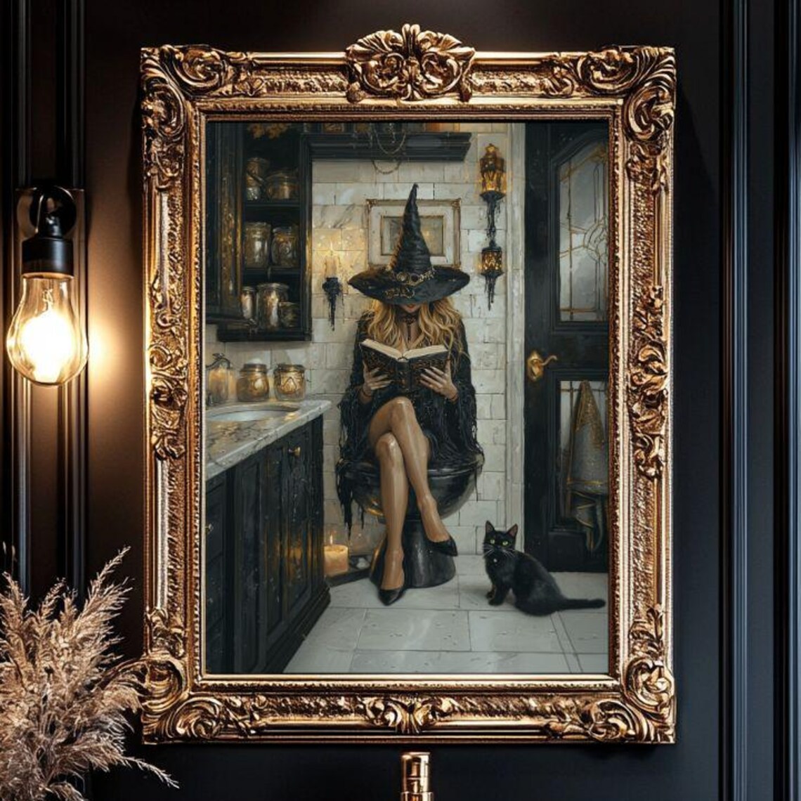 Witch Reading in Bathroom, Whimsigoth Cat Art Print