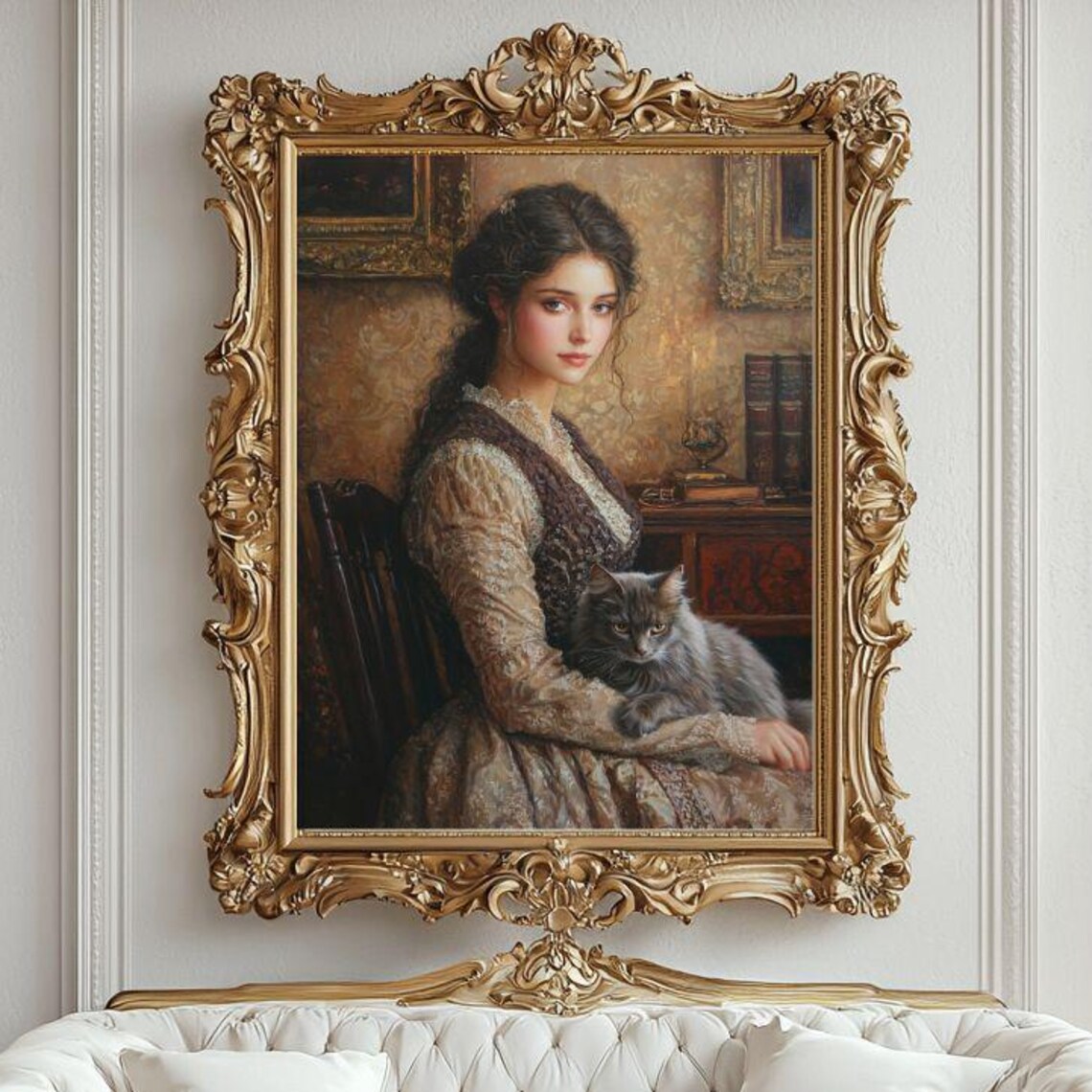 Victorian Lady With Her Cat, Moody Poster Print