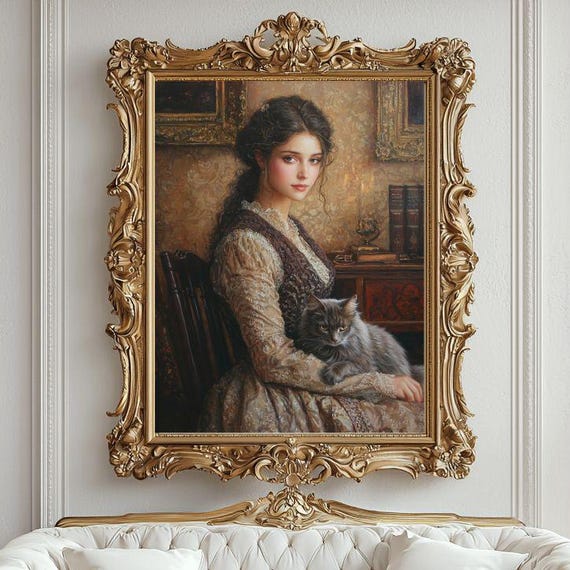 Victorian Lady With Her Cat, Moody Poster Print