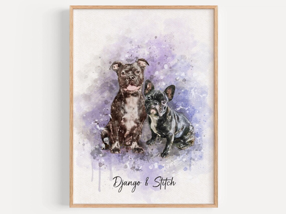 Django and Stitch Two Dogs Watercolor Custom Pet Portrait Poster