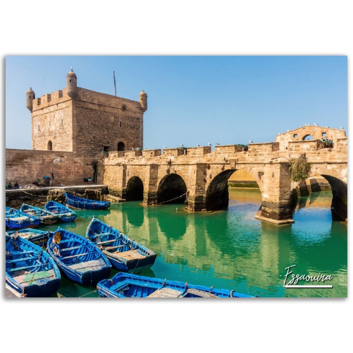 Essaouira Morocco Blue Boats Stone Fortress Harbor Travel Poster