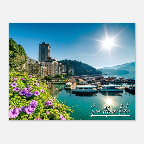 Sun Moon Lake Taiwan Poster With Lakeside Boats And Sunny Travel View