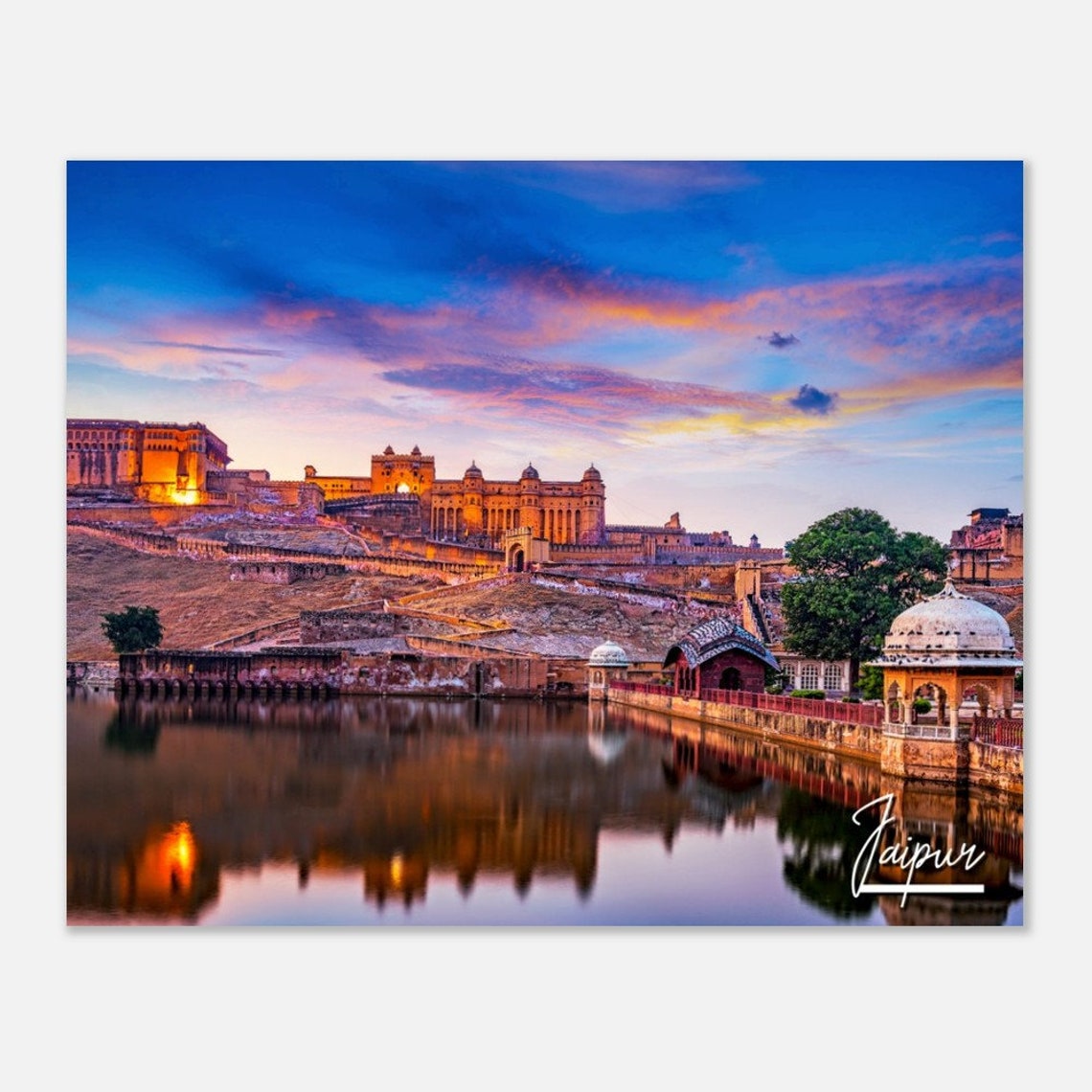 Jaipur Amer Fort Sunset Reflection Palace India Travel Poster