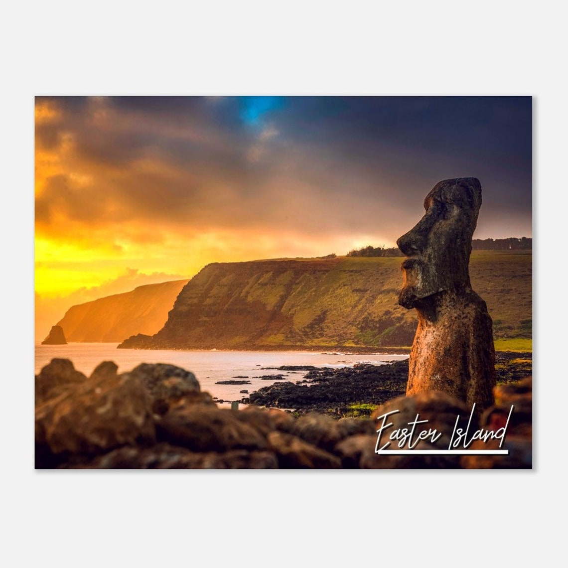 Easter Island Travel Poster with Moai Statue Dramatic Sunset View