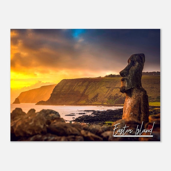 Easter Island Travel Poster with Moai Statue Dramatic Sunset View