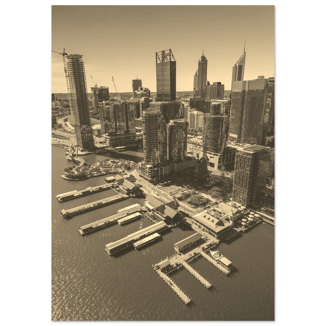 Perth Australia Skyline Harbor Piers Sepia Vintage Travel Poster