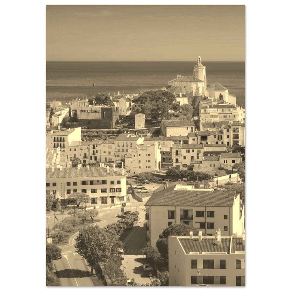Cadaques Spain White Coastal Town Aerial Sepia Travel Poster