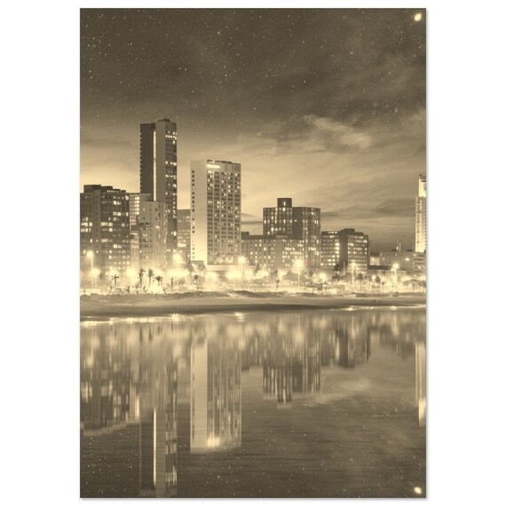 Durban South Africa Night Skyline Sepia Coastal City Travel Poster