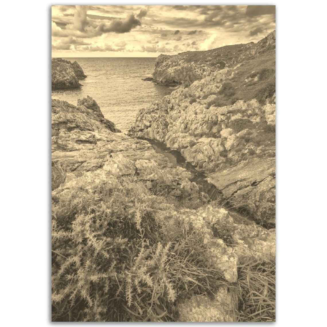 Vintage Sepia Rocky Cove Coastline Dramatic Cliffs Travel Poster